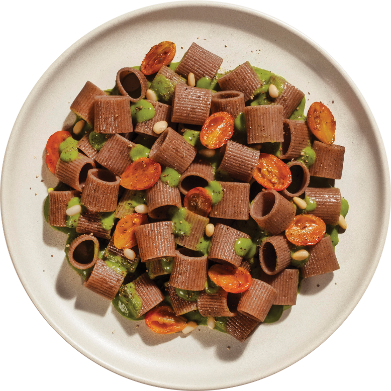 Buckwheat Mezzi Rigatoni With Pesto & Cherry Tomatoes